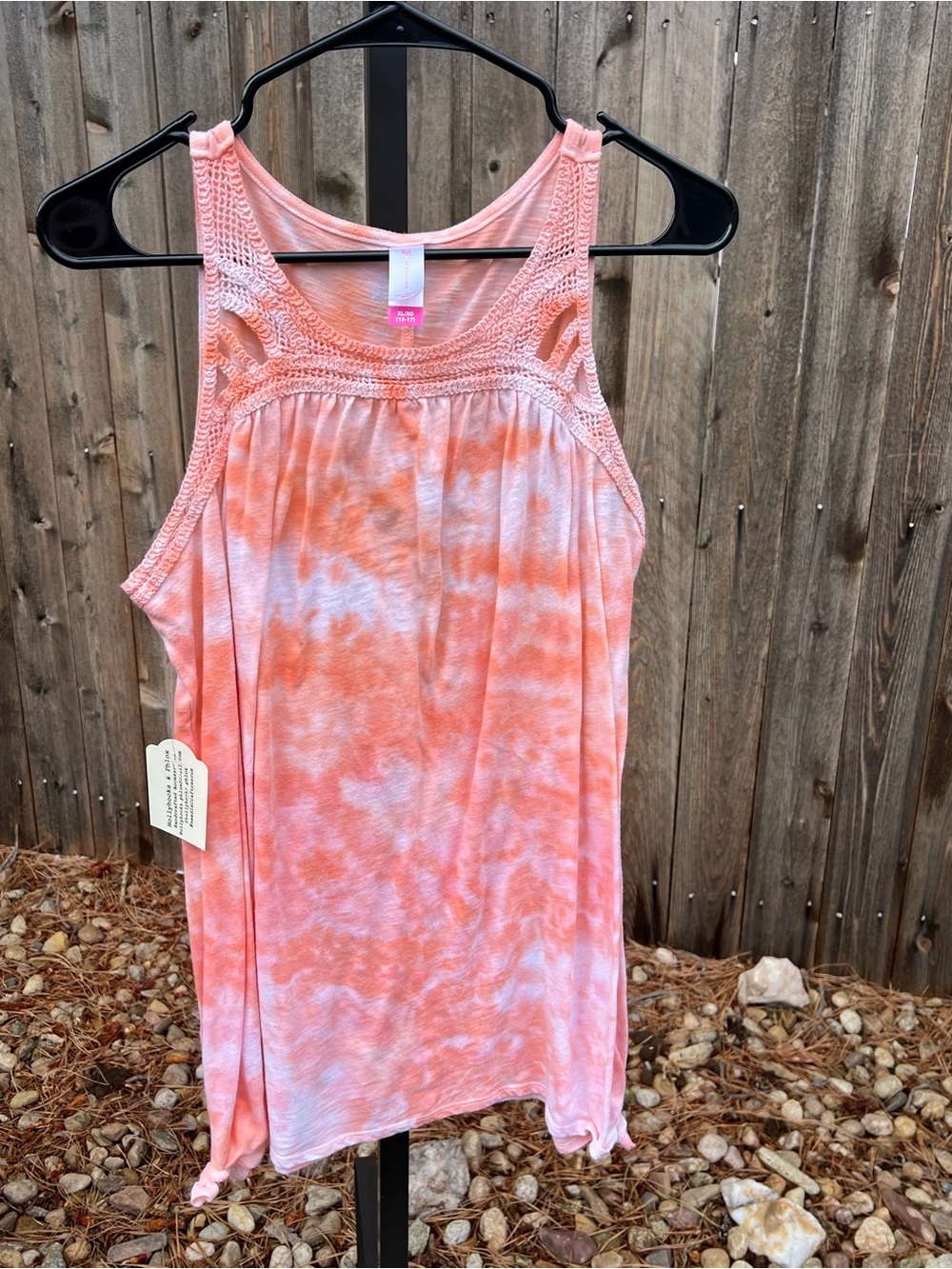 No Boundaries Pink and Orange Ice-Dye Crochet Yoke Tank